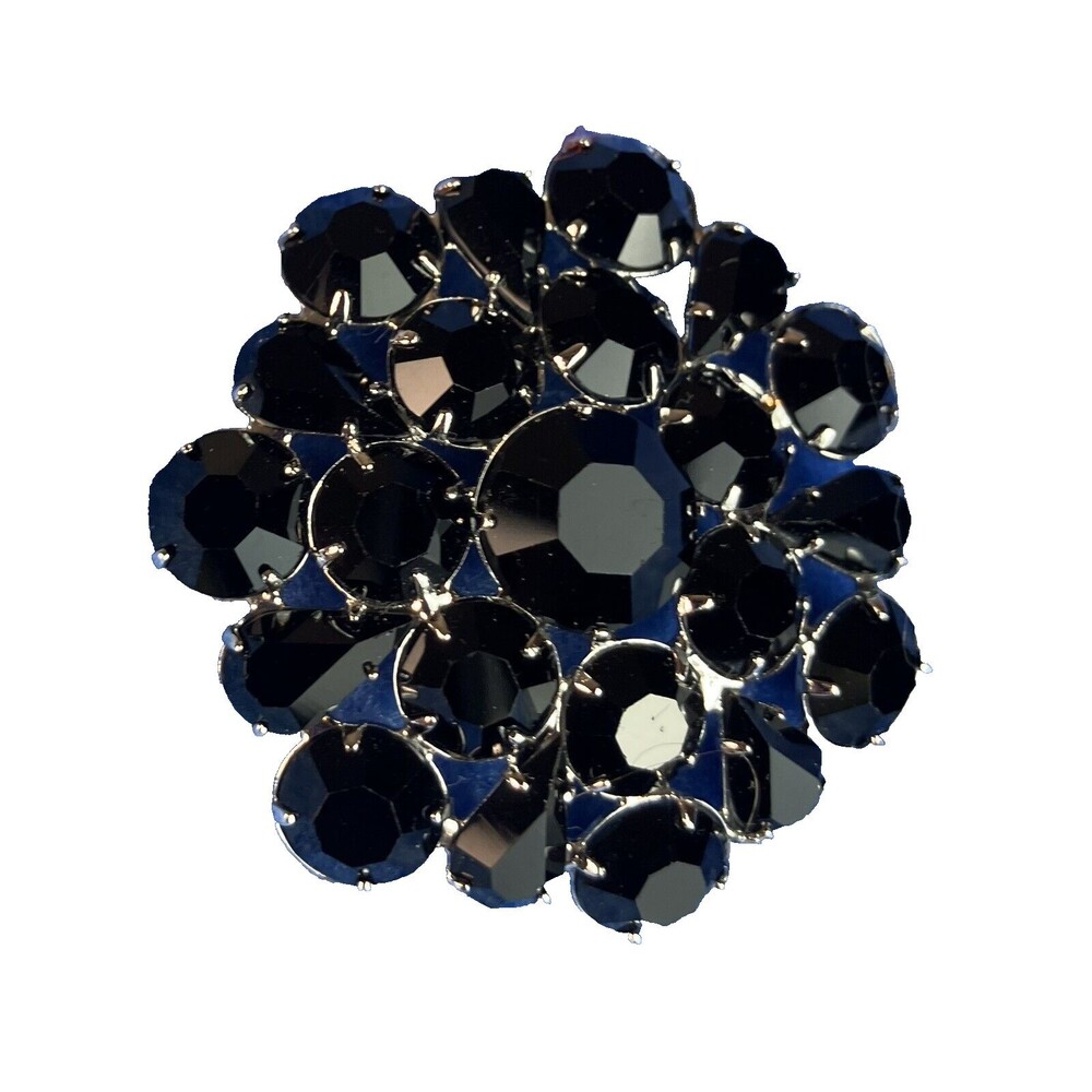 Vintage Silver Tone Open Back Brooch Pin With Black Faceted Prong Set Stones